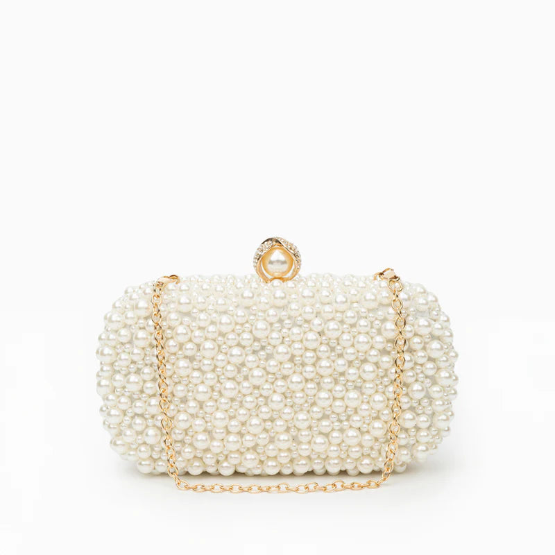 Pearl-embellished clasp clutch with chain strap
