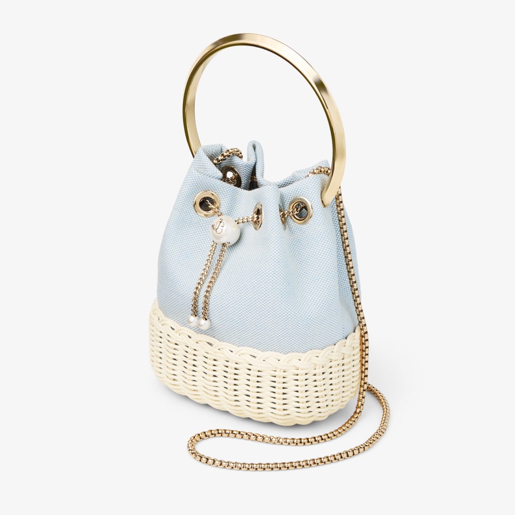 Blue canvas and rattan bucket bag