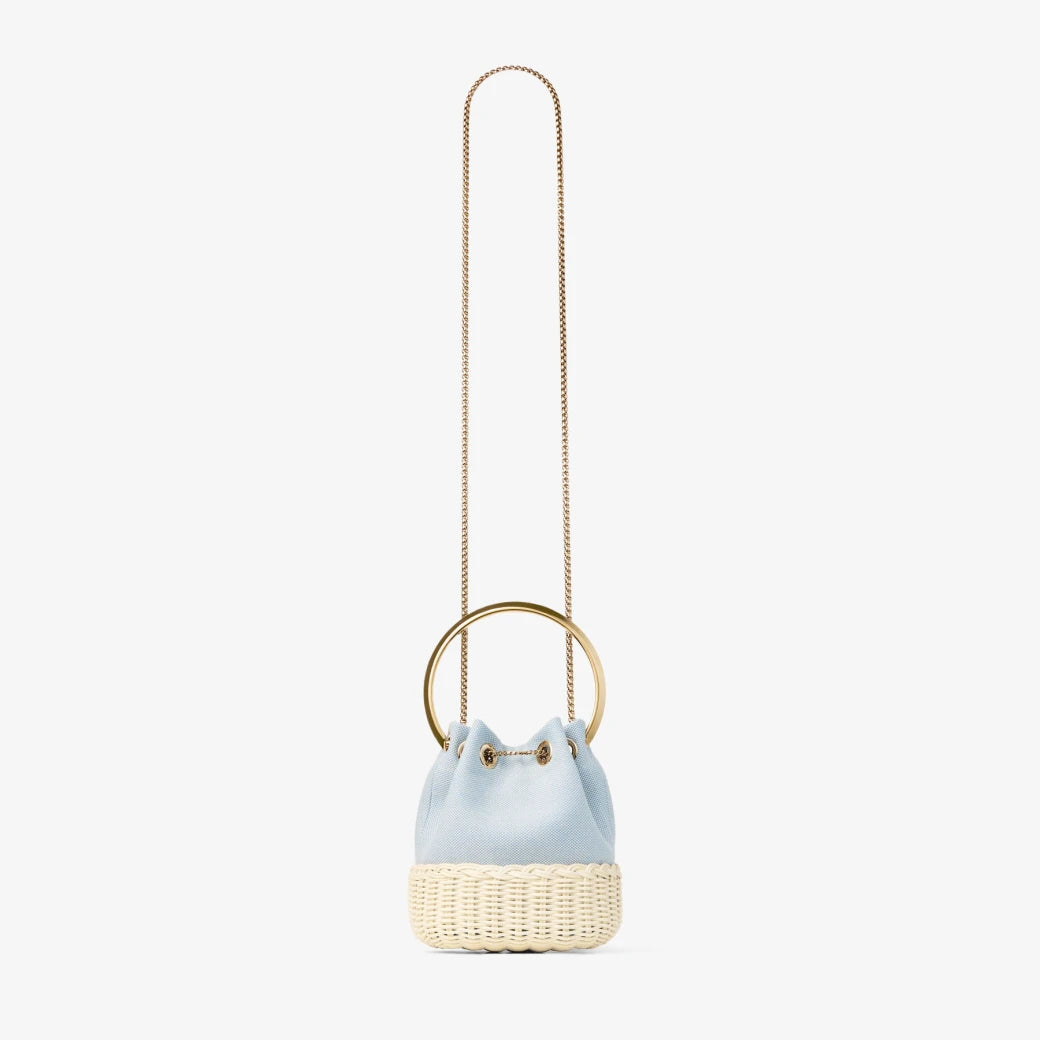 Blue canvas and rattan bucket bag