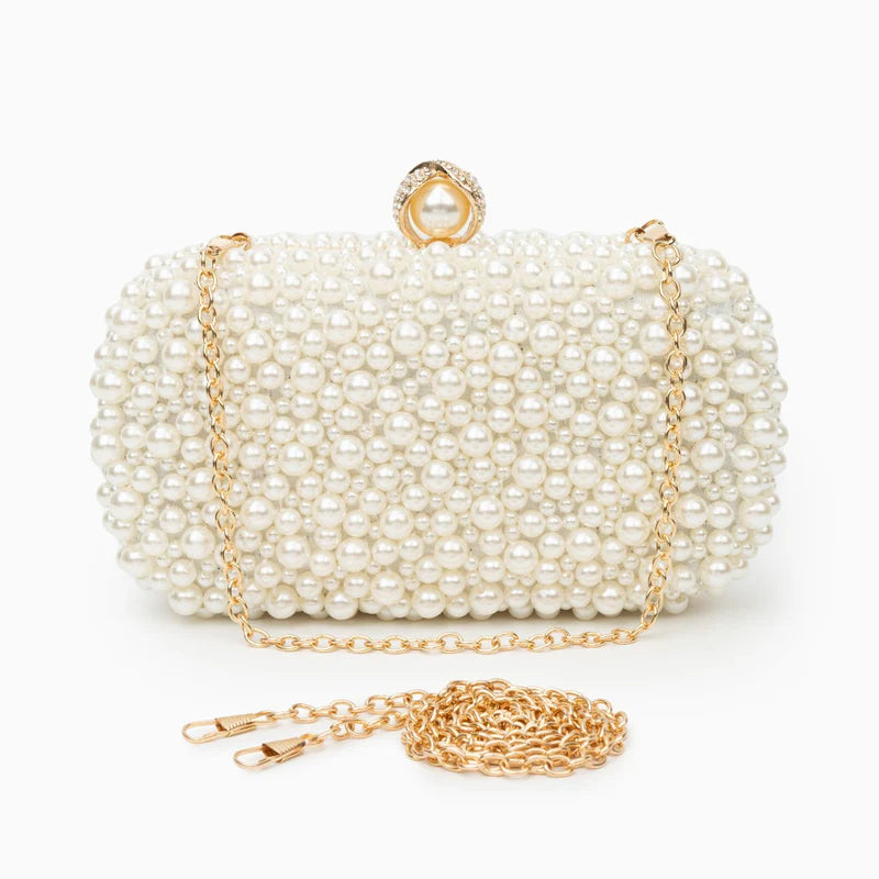 Pearl-embellished clasp clutch with chain strap