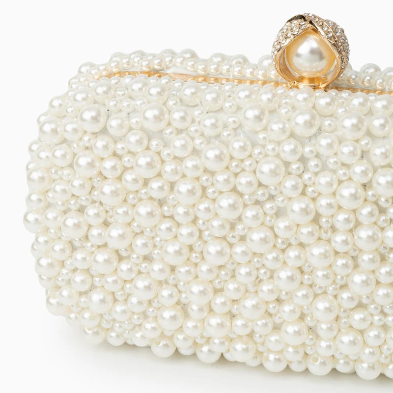Pearl-embellished clasp clutch with chain strap