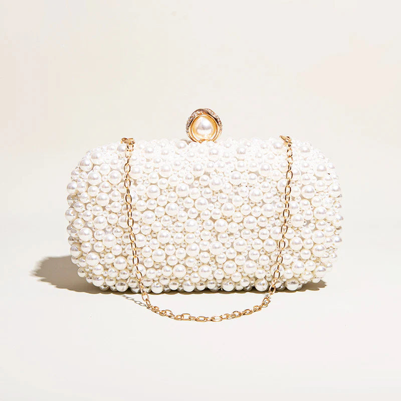 Pearl-embellished clasp clutch with chain strap