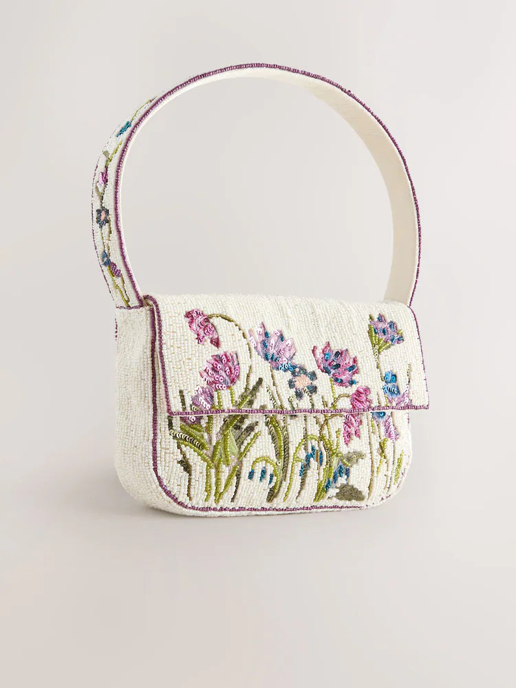 White beaded flower one-shoulder bag