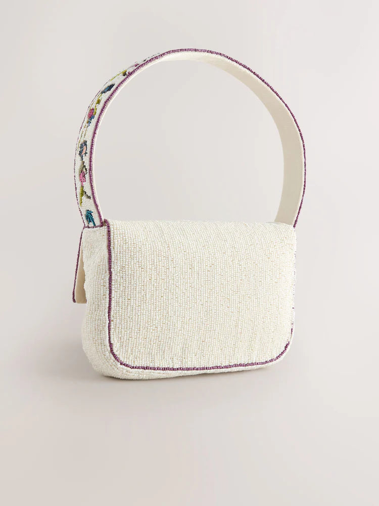 White beaded flower one-shoulder bag