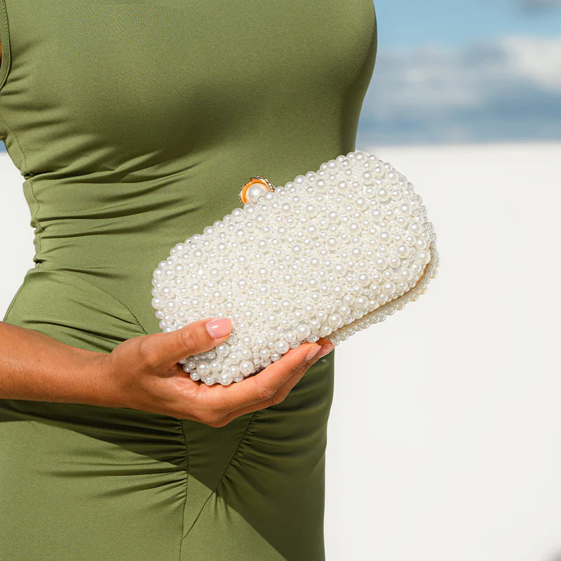 Pearl-embellished clasp clutch with chain strap