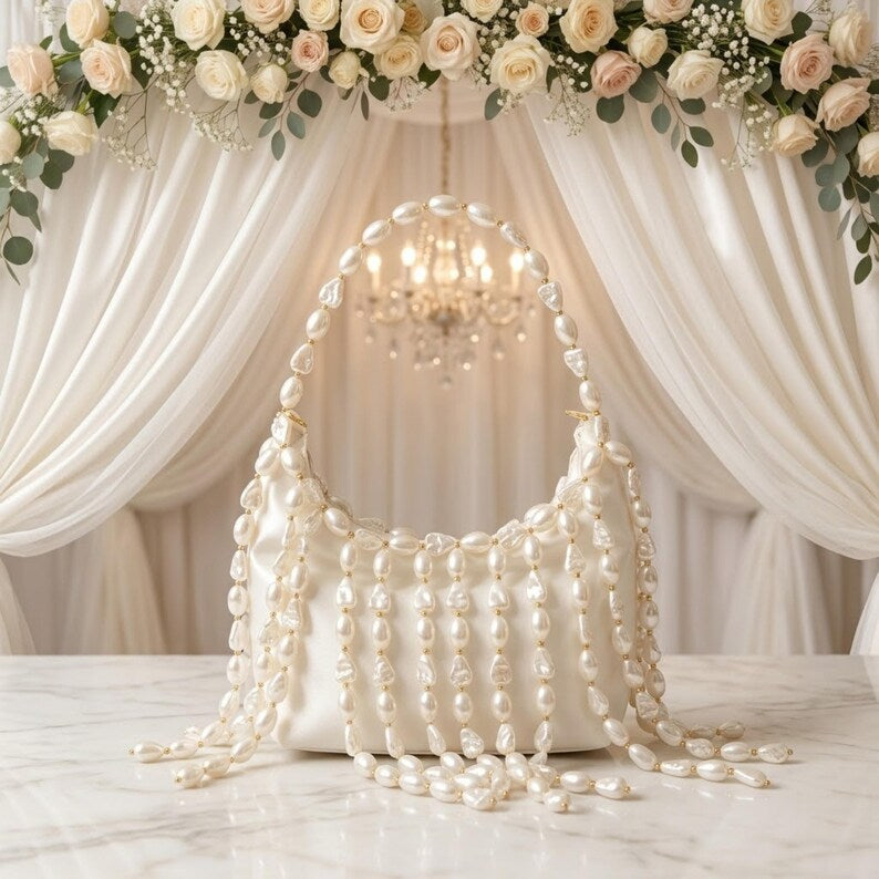 Ivory pearl-embellished evening bag