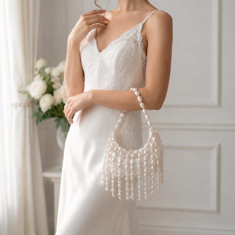Ivory pearl-embellished evening bag