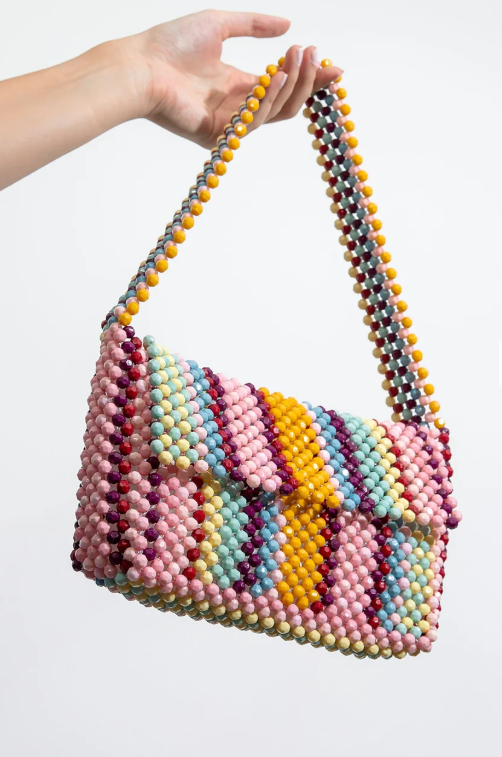Exquisite beaded clutch with a rainbow color scheme.