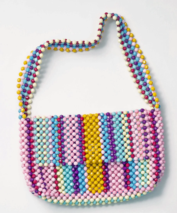 Exquisite beaded clutch with a rainbow color scheme.
